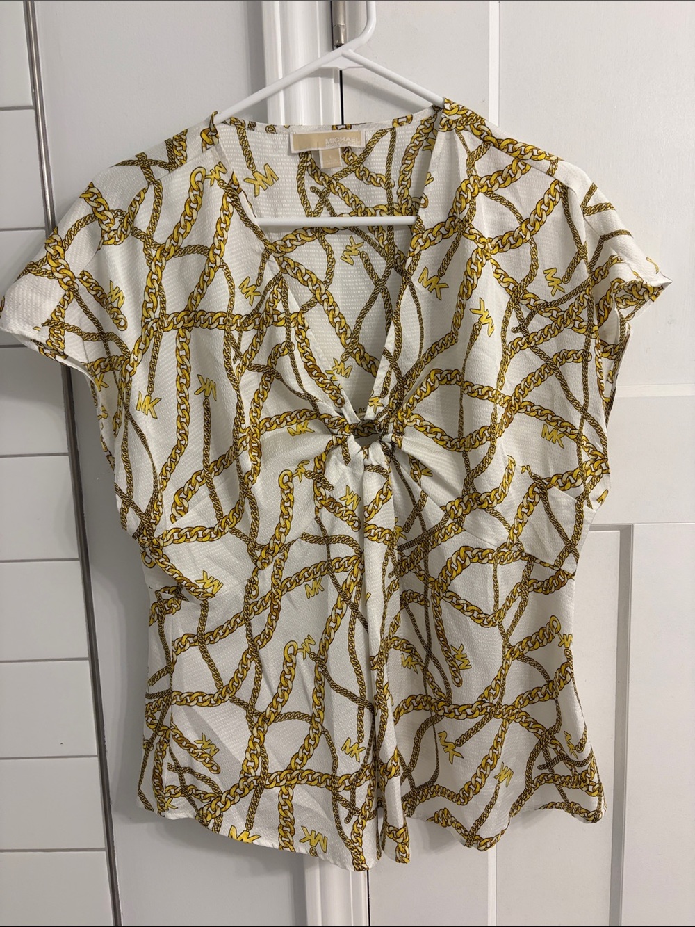 Michael Kors White Top with Gold Chain Print and Front Knot - Size L